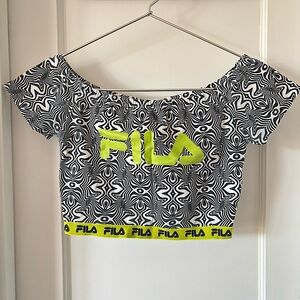 Fila x Urban Outfitters Black White Pattern Yellow Logo Tape Boat neck Crop Top